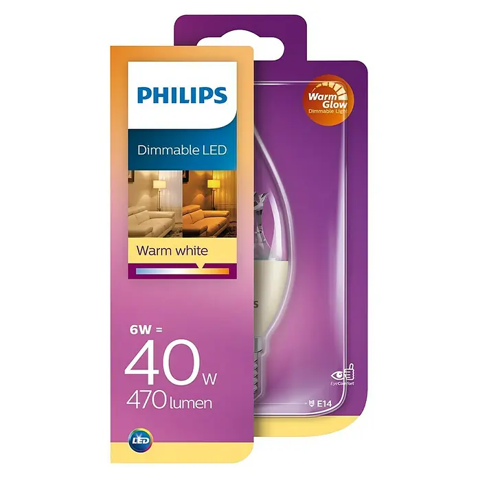 Philips Bombilla LED Vela - 6 W, E14, Color de luz: Blanco cálido, Intensidad regulable, Vela