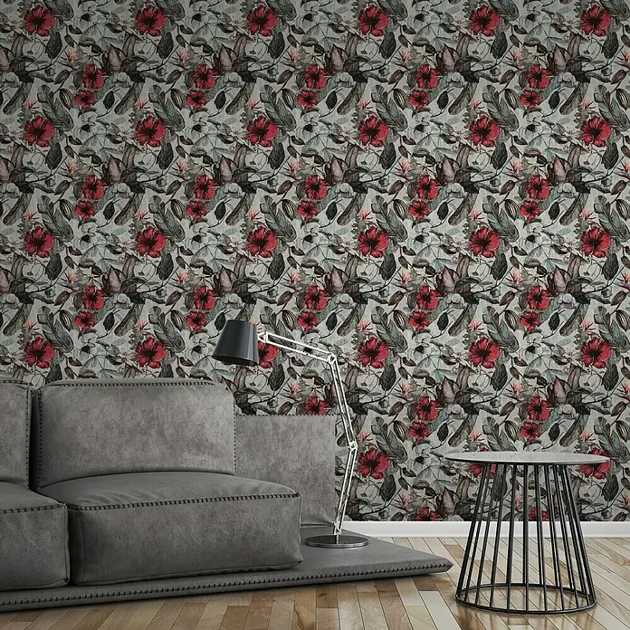 AS Creation Greenery Vliestapete Dschungelblüte - Weiß/Grau/Rot/Schwarz, Floral, 10,05 x 0,53 m - Stimmungsaufnahme
