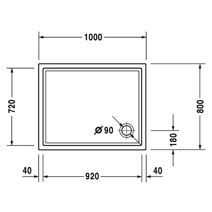 Duravit Duschwanne Starck Slimline - L x B: 100 x 80 cm, Kunststoff, Weiß, Mit Antirutsch-Oberfläche - Skizze