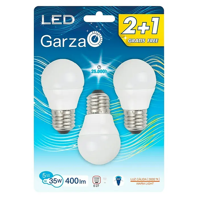 Garza Bombilla LED - 3 uds., E27, 3 x 5 W, Color de luz: Blanco cálido, No regulable
