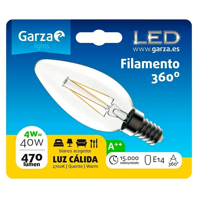 Garza Bombilla LED Filamento - 4 W, E14, Color de luz: Blanco cálido, No regulable, Vela