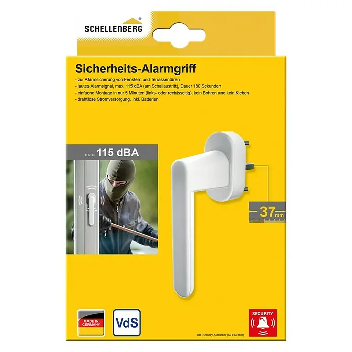 Schellenberg Alarm-Fenstergriff - Vierkantstift: 43 mm, Weiß, DIN Anschlag: Links/Rechts