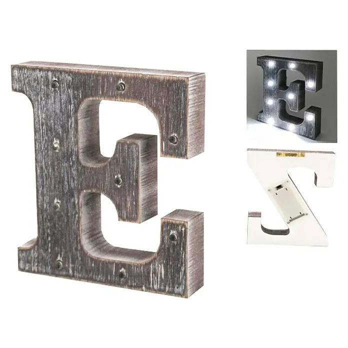 Letra LED de madera - E, Marrón oscuro, Color de luz: Blanco neutro
