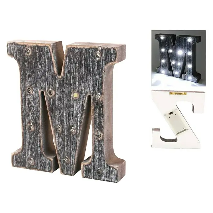 Letra LED de madera - M, Marrón oscuro, Color de luz: Blanco neutro