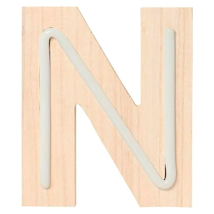 Letra LED neón de madera - N, Madera, Color de luz: Blanco neutro
