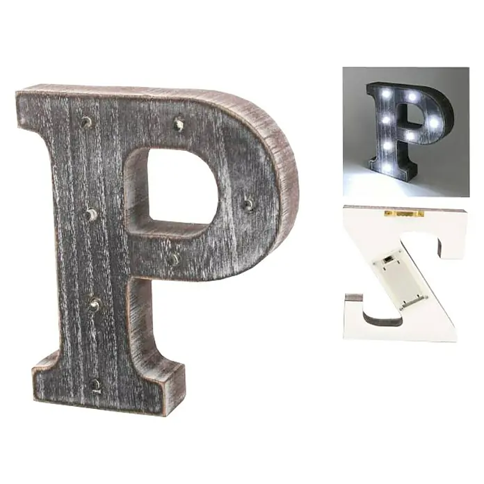 Letra LED de madera - P, Marrón oscuro, Color de luz: Blanco neutro