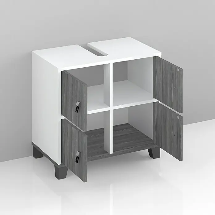 Riva Waschtischunterschrank Leather - 62,2 x 33,7 x 58 cm, Weiß, Silbergrau - Vorderansicht