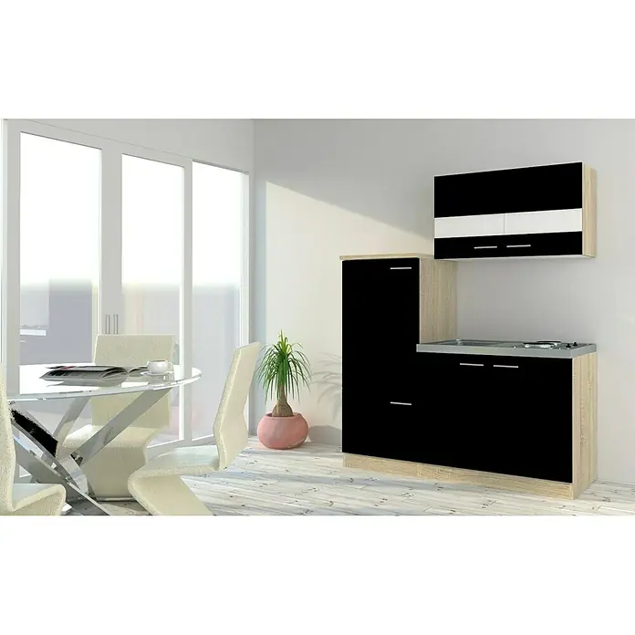 Respekta Singleküche KB160ESS - Breite: 160 cm, Mit Duo-Kochmulde, Schwarz