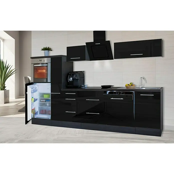 Respekta Premium Küchenzeile RP310HESBO - Breite: 310 cm, Mit Elektrogeräten, Schwarz Hochglanz