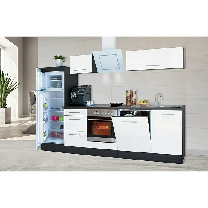 Respekta Premium Küchenzeile RP280EWCBO - Breite: 280 cm, Mit Elektrogeräten, Weiß Hochglanz