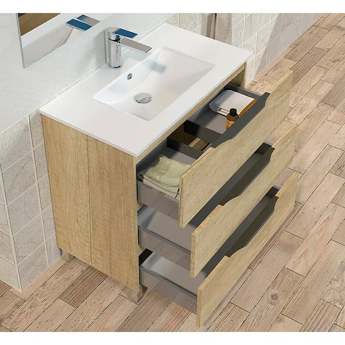 Conjunto de mueble de baño Abril - 80 cm, 3 piezas, Nature, Mate