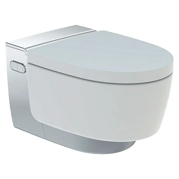 Geberit Wand-Dusch-WC-Set AquaClean Mera Comfort - Spülrandlos, Mit schmutzabweisender Glasur, Spülform: Tief, WC Abgang: Waagerecht, Weiß, Chrom - Linke Seitenansicht