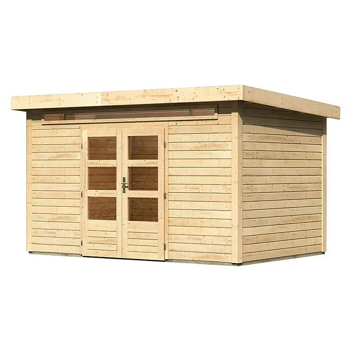 Karibu Gartenhaus Kandern 7 - 364 x 244 cm, Wandstärke: 28 mm, Flachdach, Natur - Linke Seitenansicht
