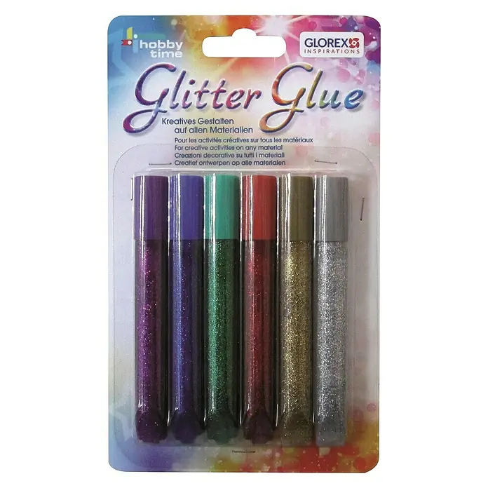 Glorex Hobby Time Klebestift Glitter Glue - Bunt, 6 Stk. x 10,5 ml - Vorderansicht
