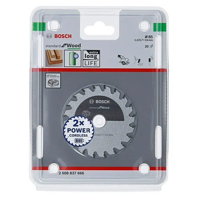 Bosch Cirkelzaagblad - Diameter: 85 mm, Boorgat: 15 mm, Aantal tanden: 20 tanden - Vooraanzicht