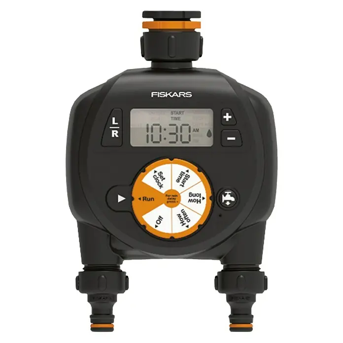 Fiskars Programador de riego 2 salidas Digital - Tiempo de riego: 1 - 360 min, Hasta 4 veces al día, Ajuste universal, encaja con otras marcas