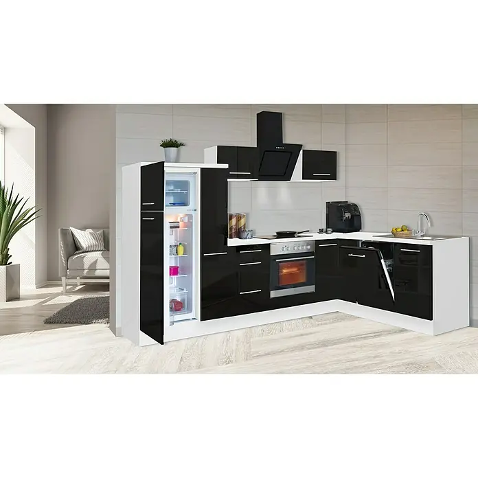 Respekta Premium Winkelküche RP290WSCBO - 200 x 290 cm, Mit Elektrogeräten, Schwarz Hochglanz