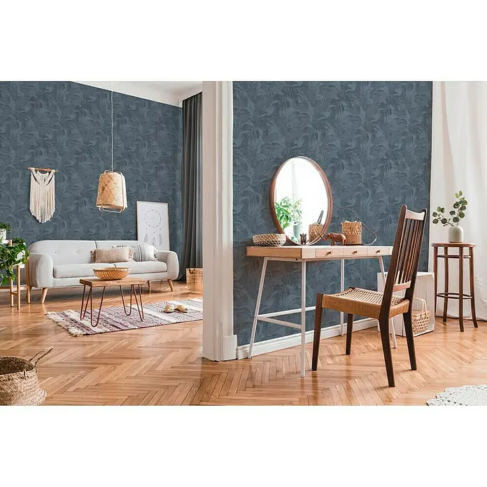 AS Creation New Walls Vliestapete Dschungel - Blau/Grau, Floral, 10,05 x 0,53 m - Stimmungsaufnahme