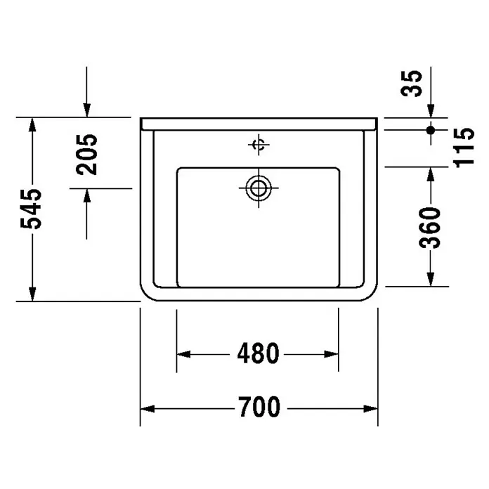 Duravit Starck 3 Waschtisch Vital Med - 70 x 54,5 cm, Mit schmutzabweisender Glasur, Hahnloch: Ohne, Ohne Überlauf, Weiß - Skizze