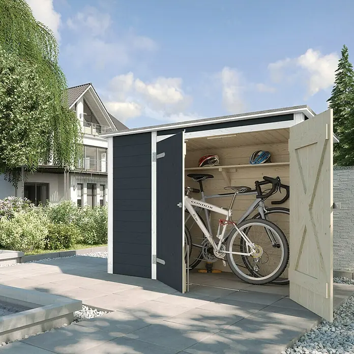 Weka Gerätehaus - Außenbreite inkl. Dachüberstand: 213 cm, Außentiefe inkl. Dachüberstand: 100 cm, Holz, Anthrazit, Weiß - Stimmungsaufnahme