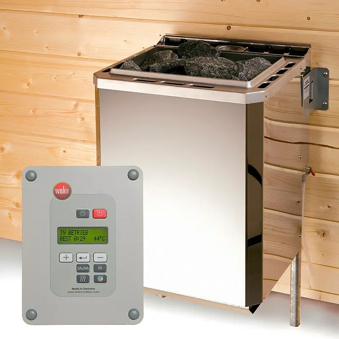 Weka Massivholzsauna 539 GTF Gr.1 Set 2 - Mit 4,5 kW Bio-Ofen mit externer Steuerung, Inklusive umfangreichem Zubehörpaket, 139 x 189 x 203,5 cm - Stimmungsaufnahme