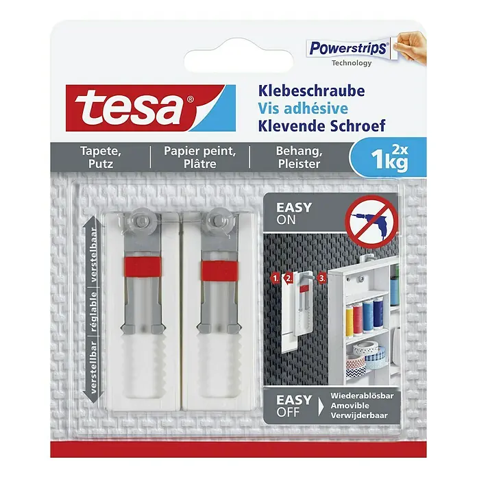 Tesa Verstellbare Klebeschraube - Geeignet für: Tapeten, Belastbarkeit: 1 kg, 2 Stk., Weiß - Vorderansicht