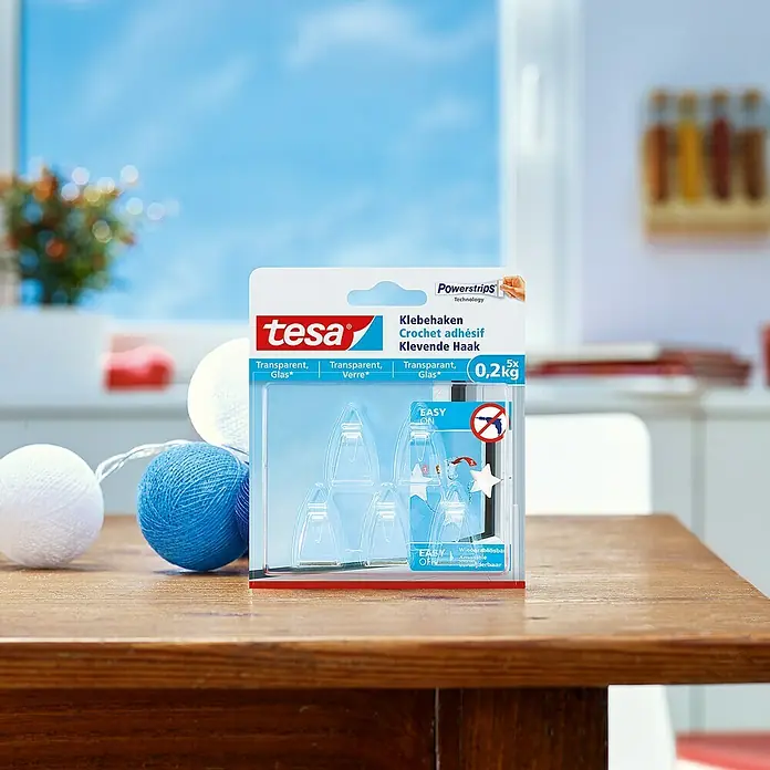 Tesa Klebehaken - Geeignet für: Glas, Belastbarkeit: 0,2 kg, 5 Stk., Transparent - Anwendungsbeispiel
