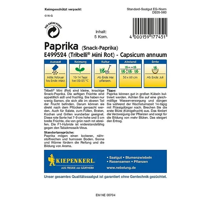 Kiepenkerl Profi-Line Gemüsesamen Paprika Tribelli Mini - Capsicum annuum, Erntezeit: Juli - Rückansicht