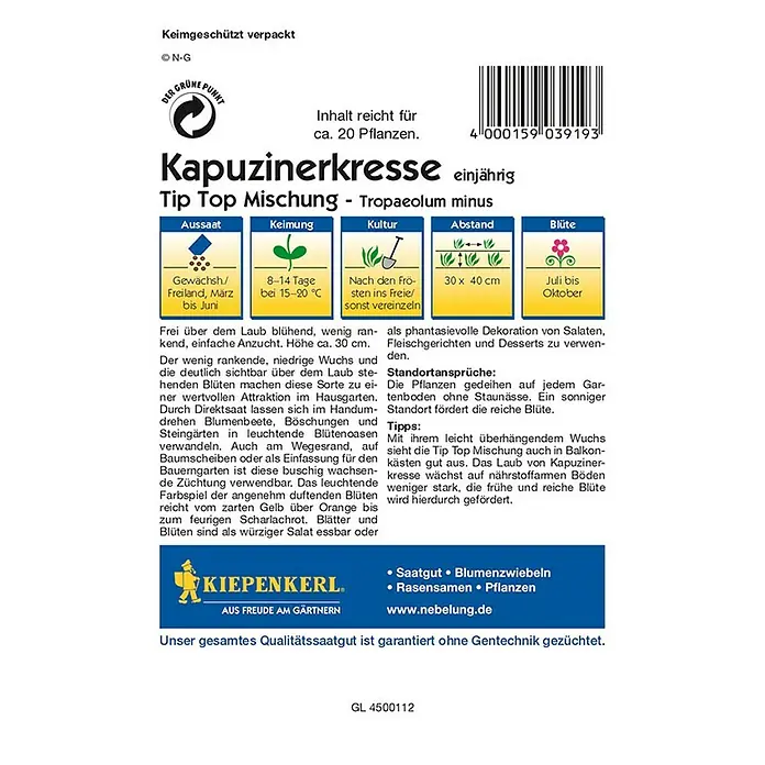 Kiepenkerl Profi-Line Kräutersamen Kapuzinerkresse Tip Top Mischung - Tropaeolum minus, Saatzeit: April - Rückansicht