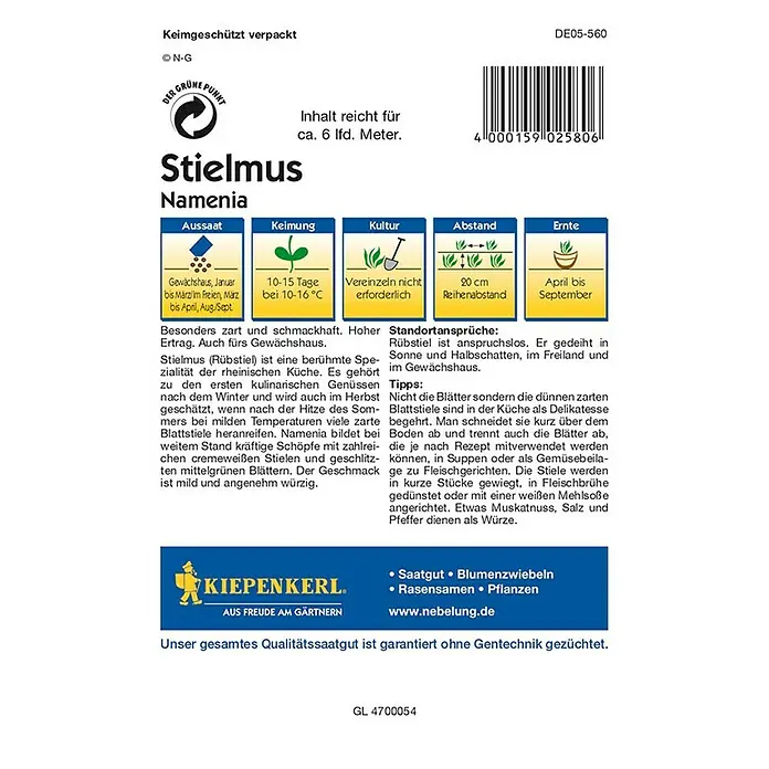 Kiepenkerl Profi-Line Gemüsesamen Stielmus Namenia - Brassica rapa var. rapa, Erntezeit: Mai - Rückansicht