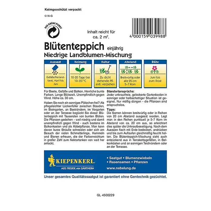 Kiepenkerl Blumensamenmischung Blütenteppich - Verschiedene Sorten, Blütezeit: Juni, 2 m² - Rückansicht