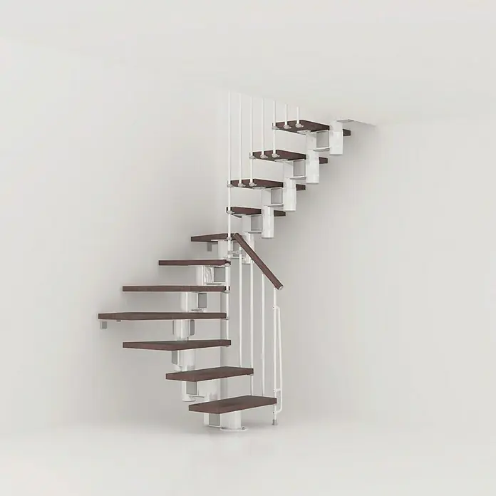 Fontanot Arké Mittelholmtreppe Kompact 74 - Breite: 74 cm, Weiß, 2/4-gewendelt, Farbe Stufen: Buche Dunkel, Geschosshöhe: 191 cm - 303 cm - Vorderansicht