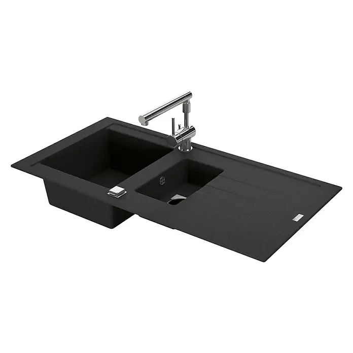 Carea Einbauspüle Tango - 98 x 50 cm, 1½ Becken, CAREAlith®, Schwarz - Rechte Seitenansicht