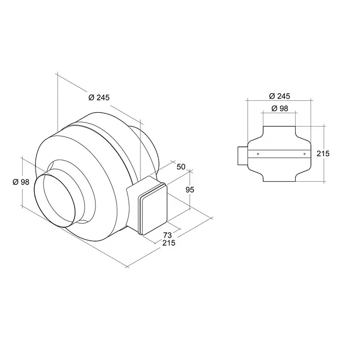 Air-Circle Cső radiális ventilátor - Átmérő: 100 mm, Max. légszállítás: 250 m³/h, Galvanizált - Elülső nézet
