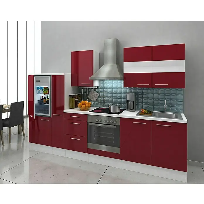 Respekta Küchenzeile Premium RP300WBOC - L x B x H: 300 x 60 x 200 cm, Weiß, Bordeaux Hochglanz