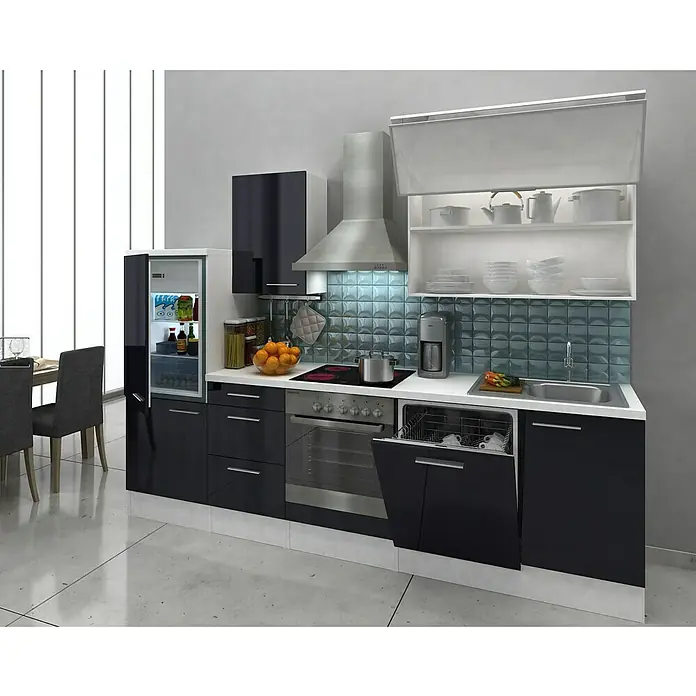 Respekta Küchenzeile Premium RP280WSC - L x B x H: 280 x 60 x 200 cm, Weiß, Schwarz Hochglanz