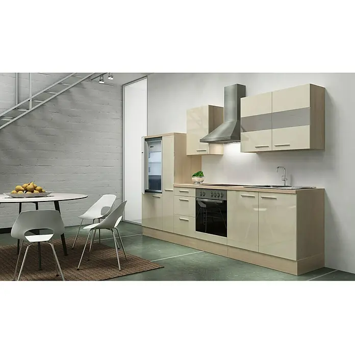 Respekta Küchenzeile Premium RP300AVAC - L x B x H: 300 x 60 x 200 cm, Akazie-Nachbildung, Vanille Hochglanz