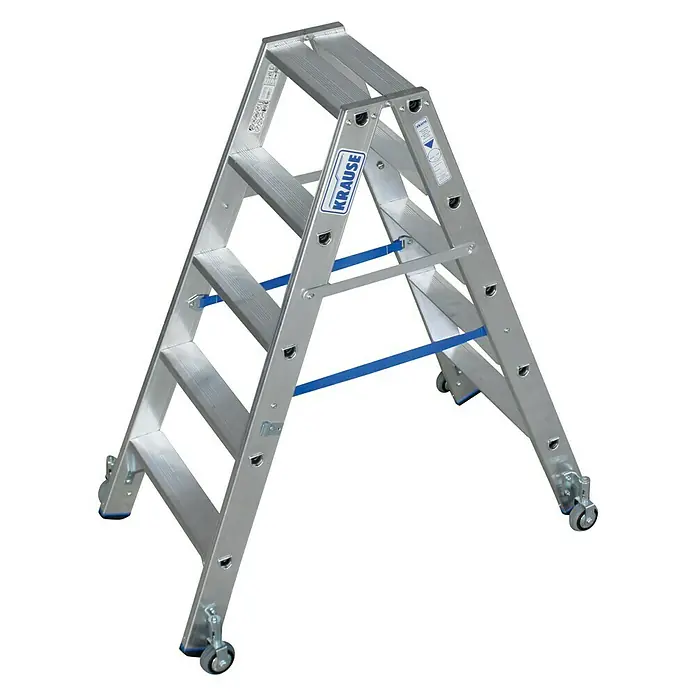 Krause Stabilo Stufen-Doppelleiter Fahrbar - Arbeitshöhe: 2,7 m, Anzahl Tritte: 2 x 5 Stufen, Tiefe Stufen: 80 mm, Material: Aluminium, Fahrbar - Linke Seitenansicht