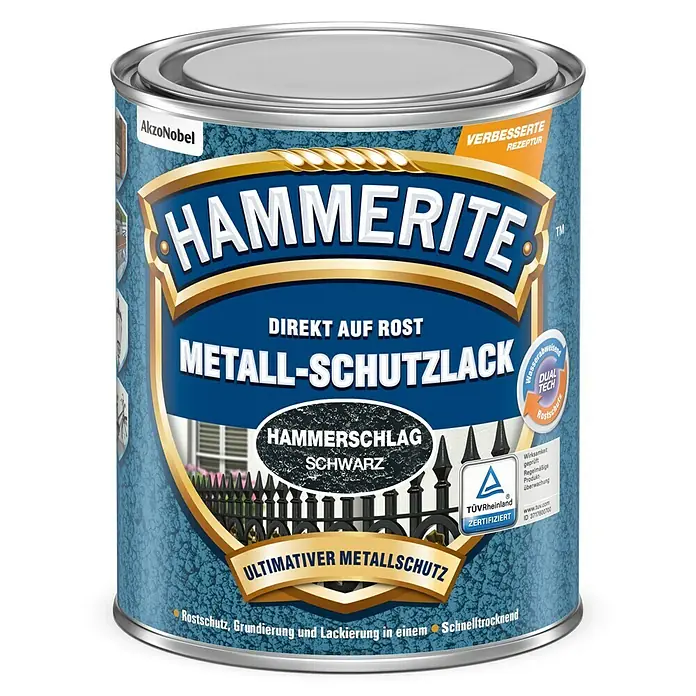 Hammerite Metall-Schutzlack Hammerschlag - Schwarz, 750 ml, Glänzend, Lösemittelhaltig - Vorderansicht