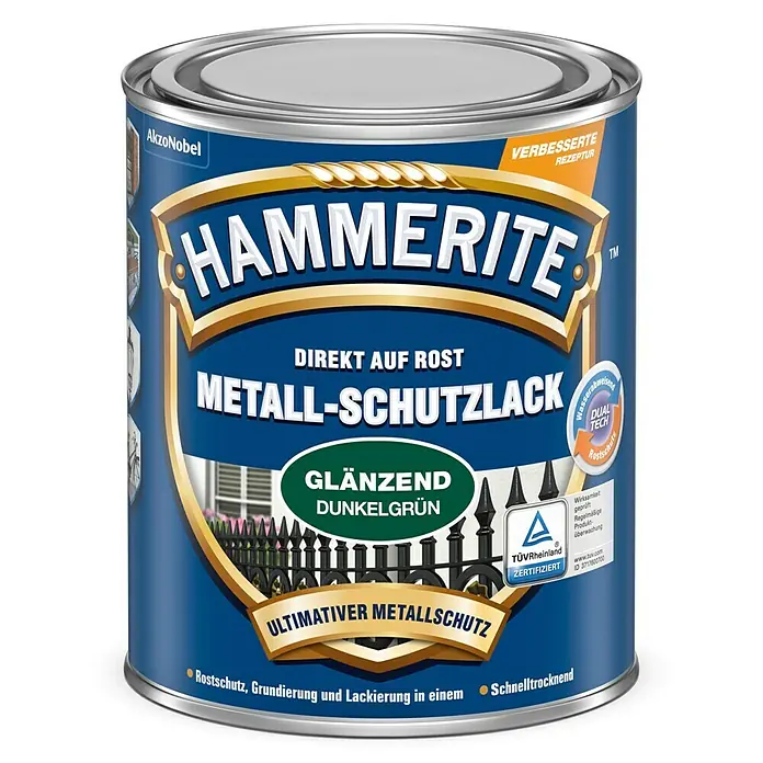 Hammerite Metall-Schutzlack - Dunkelgrün, 250 ml, Glänzend, Lösemittelhaltig - Vorderansicht