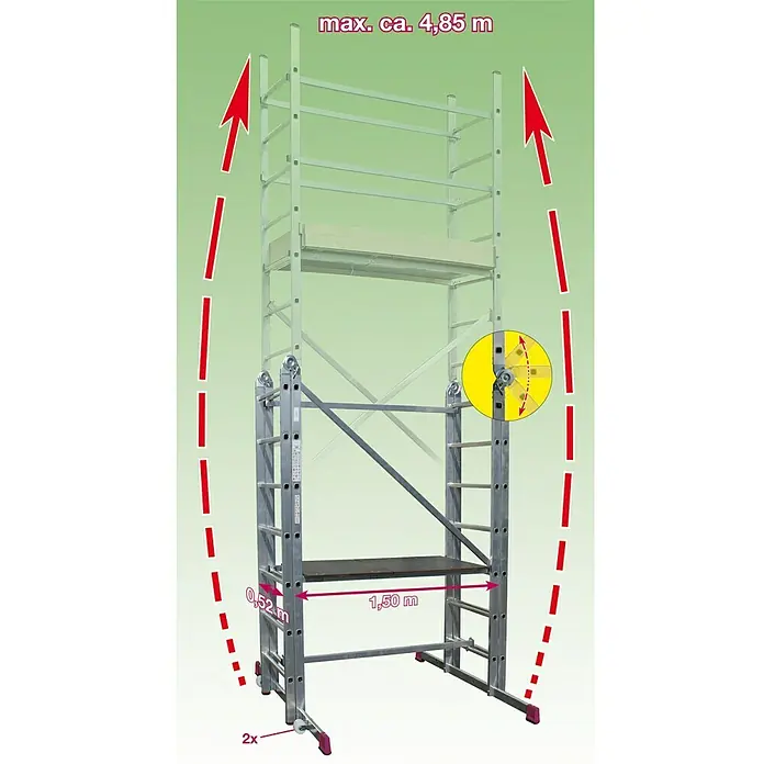 Krause Corda Gelenkgerüst - Arbeitshöhe: 5 m, 2 x 7 Sprossen, Aluminium, Fahrbar - Vorderansicht