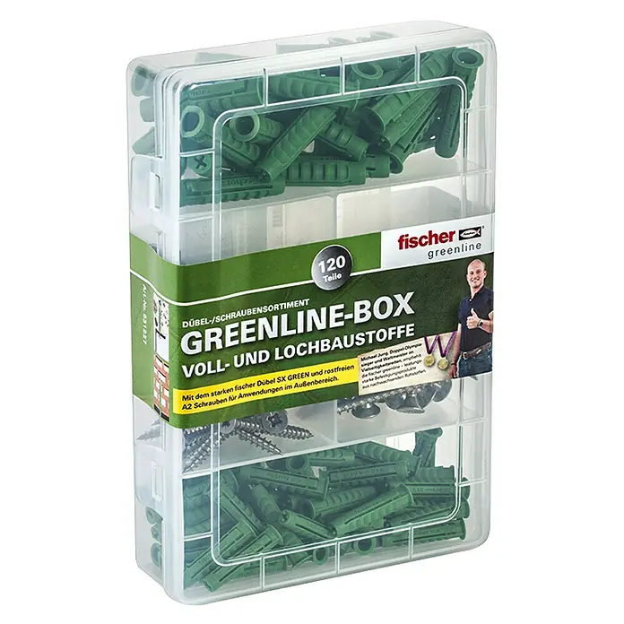 Fischer Greenline Dübel- & Schraubenbox Meister-Box SX Green - 120 -tlg., Mit Schrauben, Material Dübel: Nylon, Material Schraube: Edelstahl - Vorderansicht