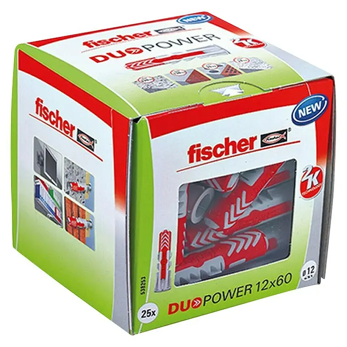 Fischer Asortiman tipli Duopower - Promjer tiple: 12 mm, Duljina tiple: 60 mm, 25 kom, S rubom, Svi građevni materijali - Pogled sprijeda