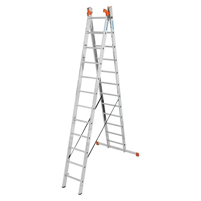 Krause Monto Sprossen-Mehrzweckleiter Tribilo - Arbeitshöhe: 9,3 m, 3 x 12 Sprossen, Aluminium - Linke Seitenansicht