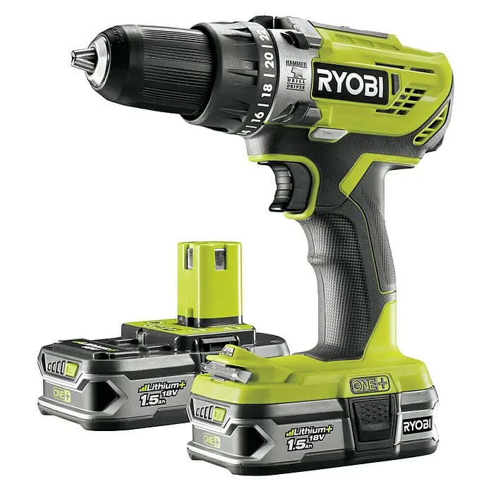 Ryobi ONE+ Akku-Schlagbohrschrauber R18PD3-215S - 18 V, Li-Ionen, 1,5 Ah, 2 Akkus, Leerlaufdrehzahl: 0 U/min - 1.800 U/min - Vorderansicht