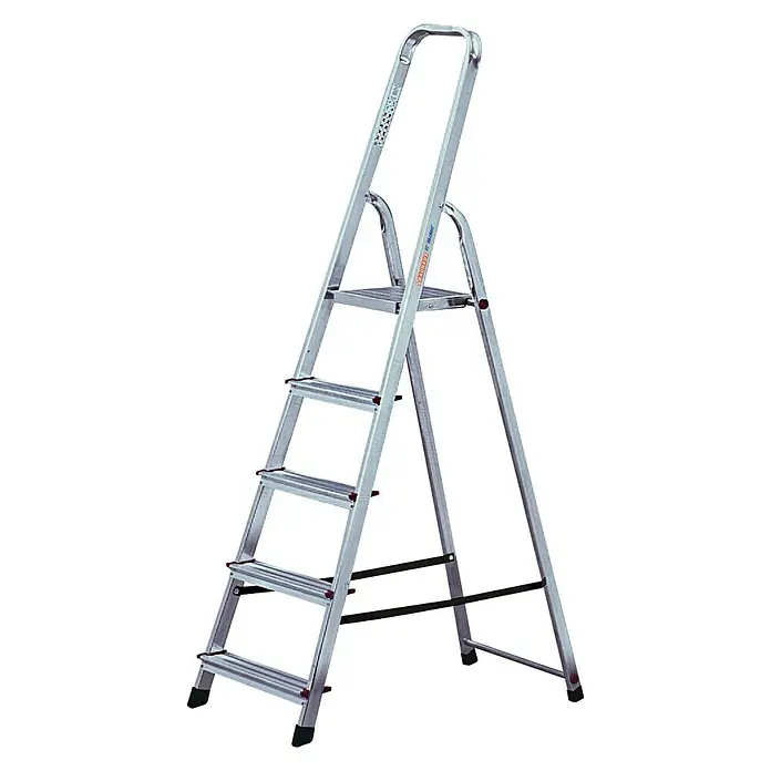 Krause Corda Stufenstehleiter - Arbeitshöhe: 3 m, Anzahl Tritte: 5 Stufen, Tiefe Stufen: 80 mm, Aluminium - Linke Seitenansicht