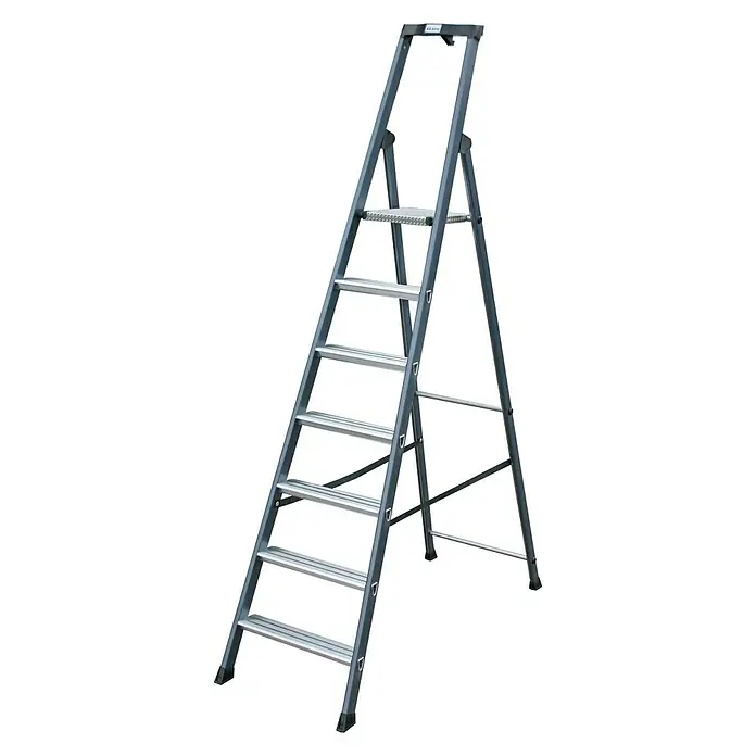 Krause Monto Stufenstehleiter SePro S - Arbeitshöhe: 3,5 m, Anzahl Tritte: 7 Stufen, Tiefe Stufen: 80 mm, Aluminium, Eloxiert - Linke Seitenansicht