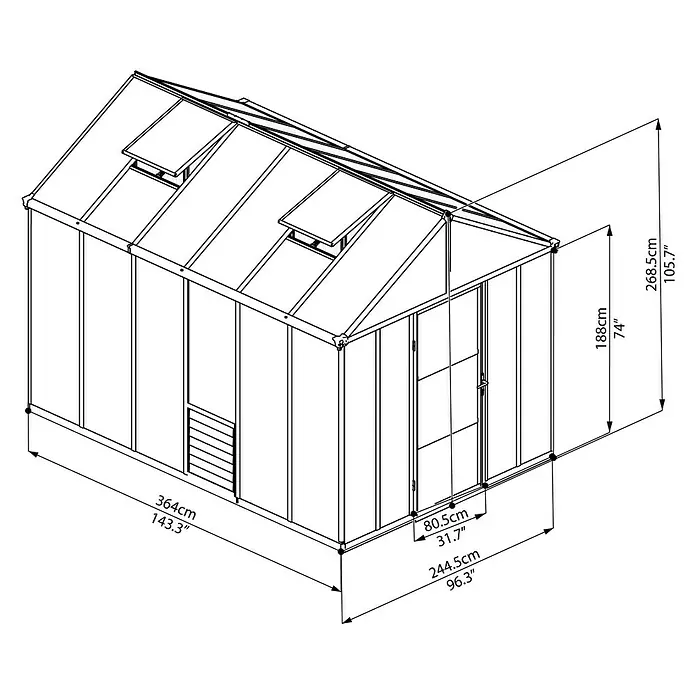 Palram – Canopia Gewächshaus Glory 8x12 - 3,64 x 2,44 x 2,68 m, Glasstärke: 10 mm, Polycarbonat
