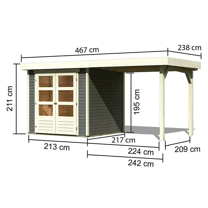 Karibu Gartenhaus Askola - 217 x 433 cm, Wandstärke: 19 mm, Flachdach, Grau, Mit Anbau - Rechte Seitenansicht