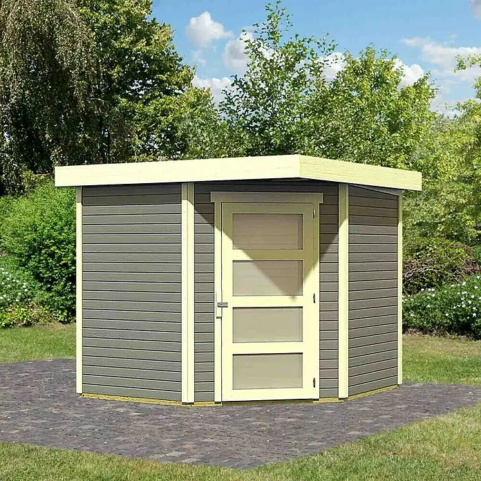 Karibu Gartenhaus Schwandorf 5 - 268 x 262 cm, Wandstärke: 19 mm, Flachdach, Terragrau, Weiß - Rechte Seitenansicht